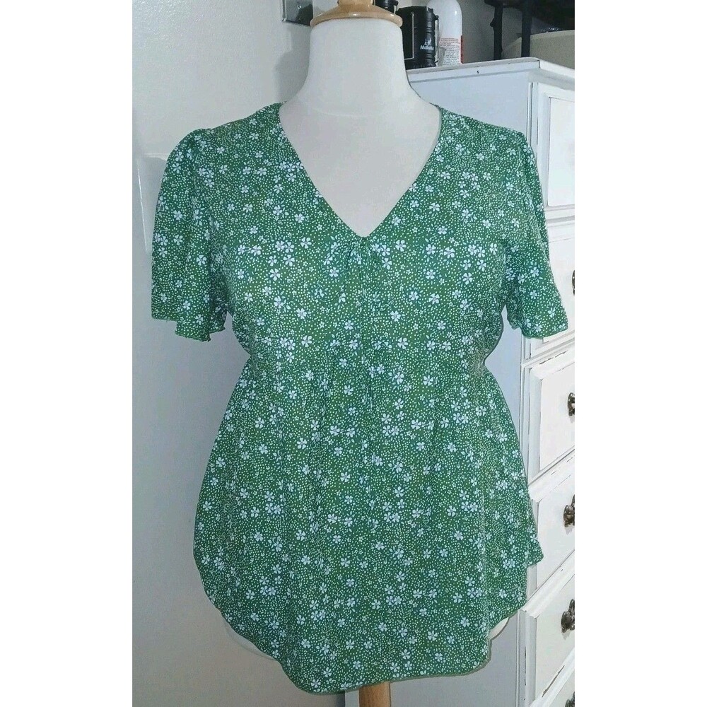 Bloomchic Women 16 Cottagecore Empire Waist V-Neck Floral Flare Sleeve Green Top - Picture 2 of 10